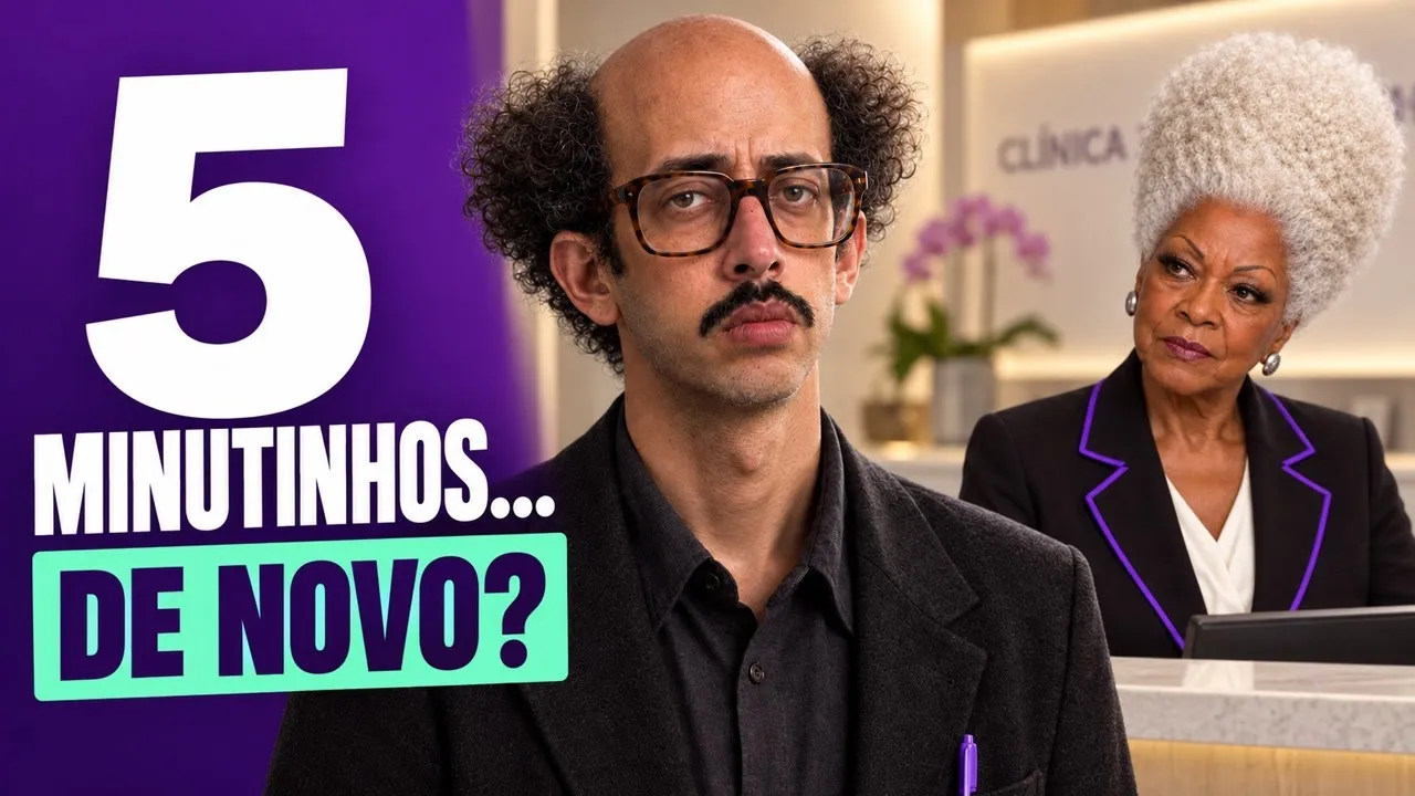 Homem de óculos espera na recepção de uma clínica, com a recepcionista ao fundo. Texto: 5 minutinhos... de novo?
